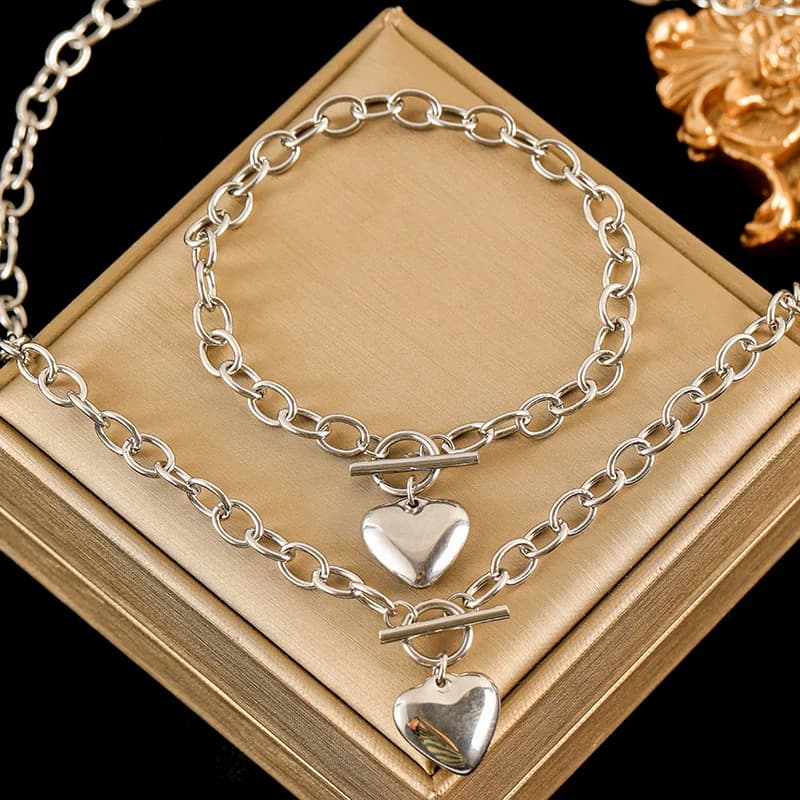 Gold Color Heart Love Necklace and Bracelet Set