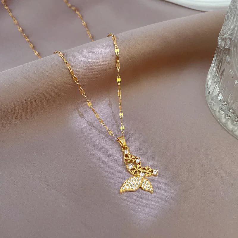 316L Stainless Steel Gold Color Cubic Zircon Butterfly Necklace