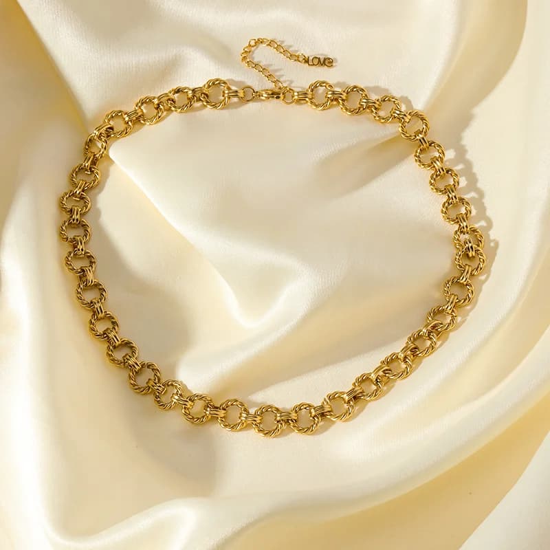 Gold Color Round Link Chain Necklace and Bracelet Set