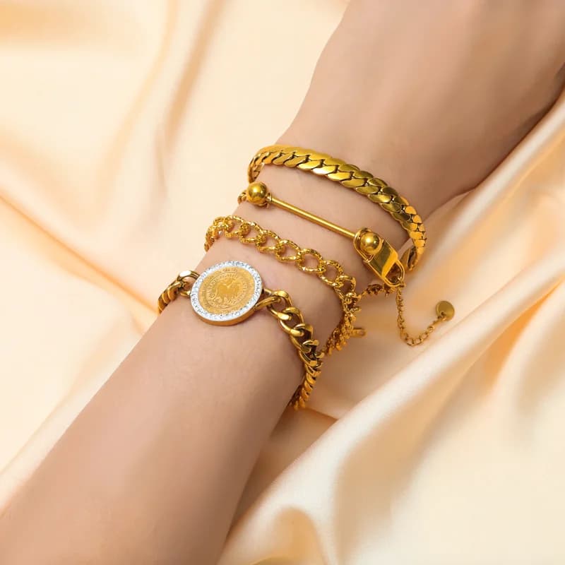 Gold Flat Wide Chain Necklace and Bracelet Set