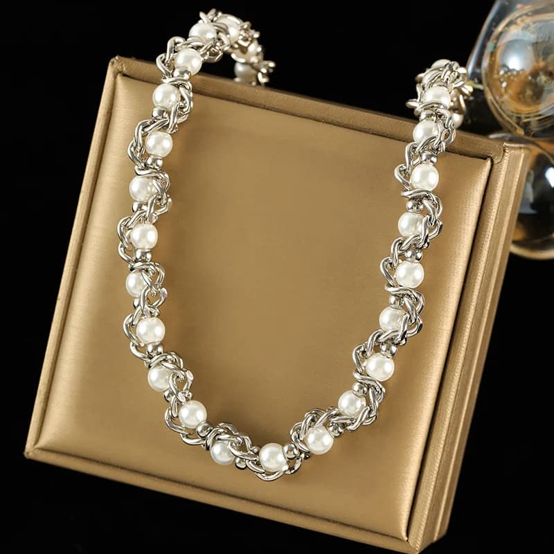Pearl Chain Necklace and Bracelet Set, Silver