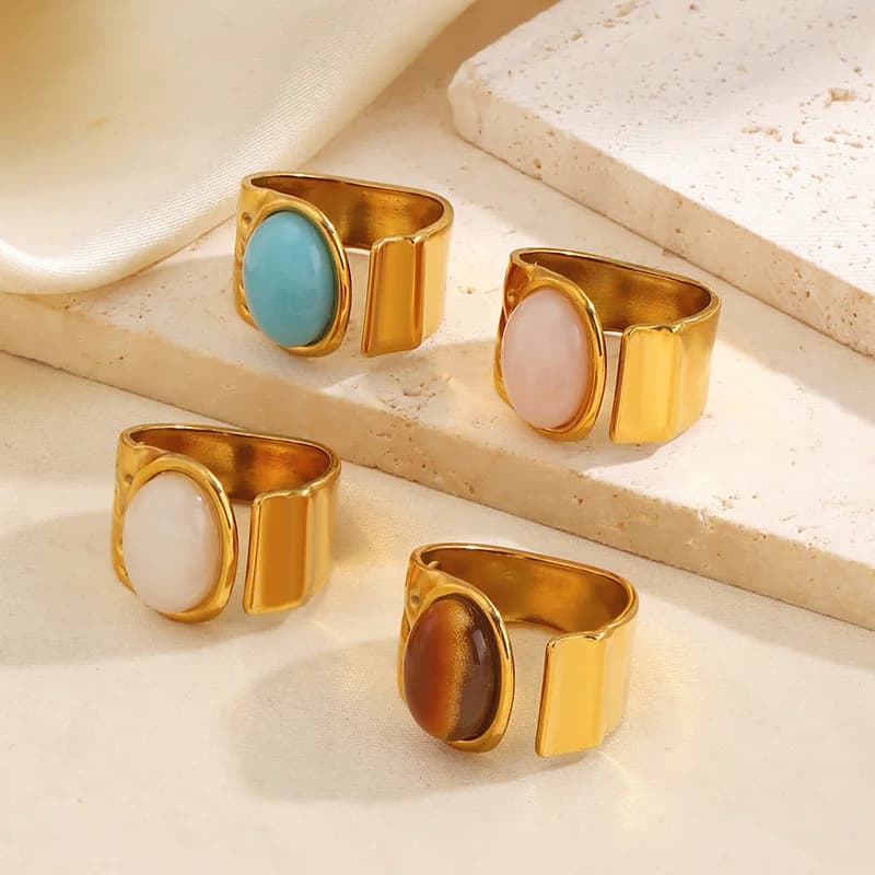 Stainless Steel Vintage Oval Stone Adjustable Ring