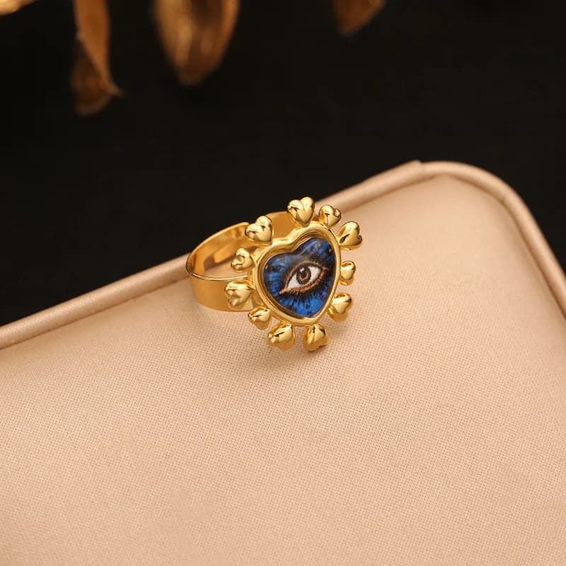 Adjustable Blue Eye Heart Ring, 316L Stainless Steel