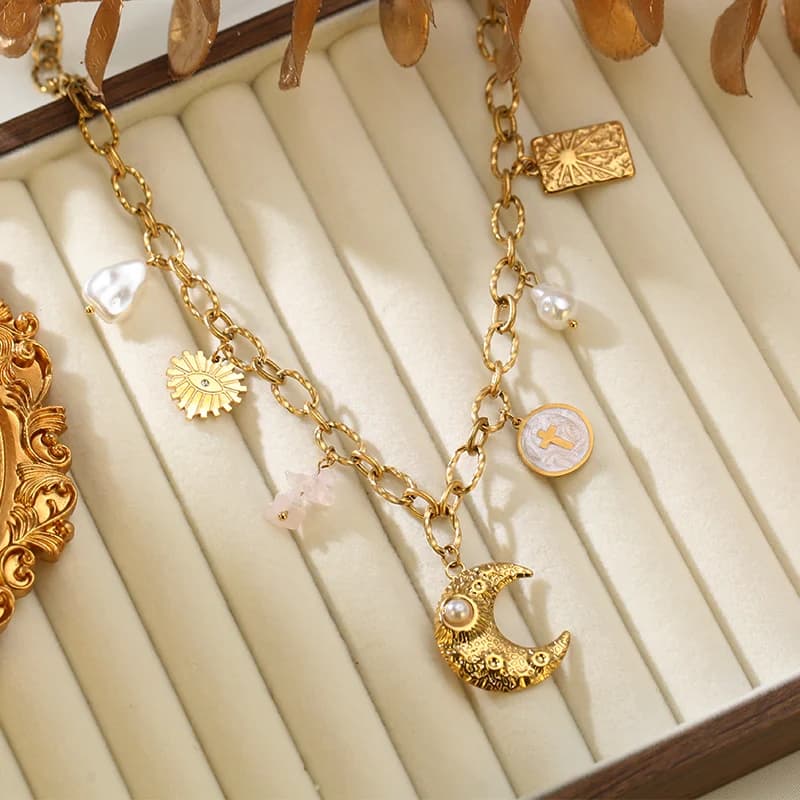 316L Stainless Steel Gold Plated Pearl Moon Pendant Necklace