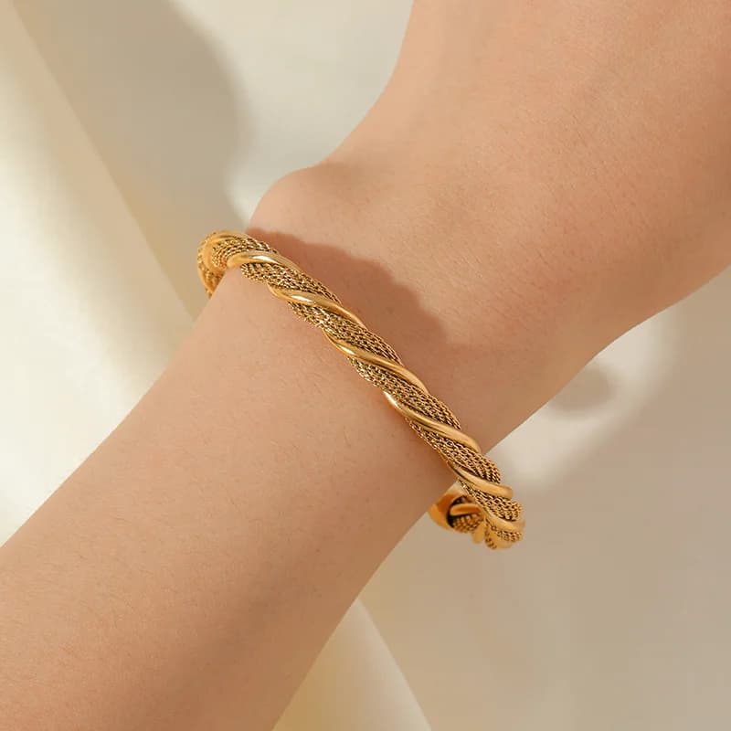 316L Stainless Steel Gold Color Twisted Adjustable Bangle