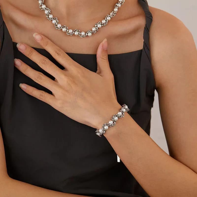 Silver Color Pearl Chain Necklace and Bracelet Set