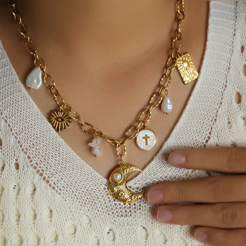 316L Stainless Steel Gold Color Starfish Moon Sun Pendant Necklace