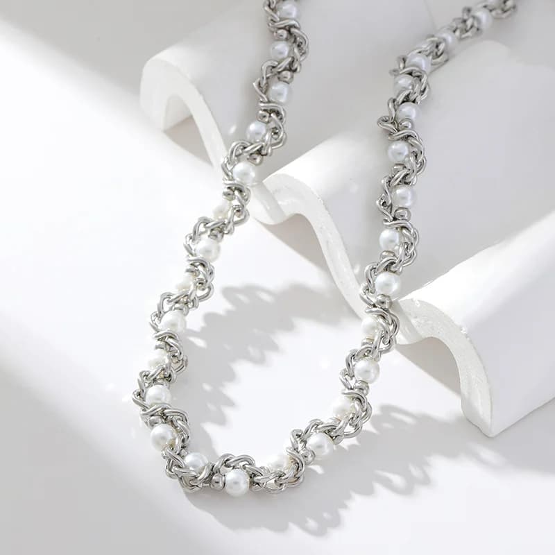 Silver Color Pearl Chain Choker Necklace