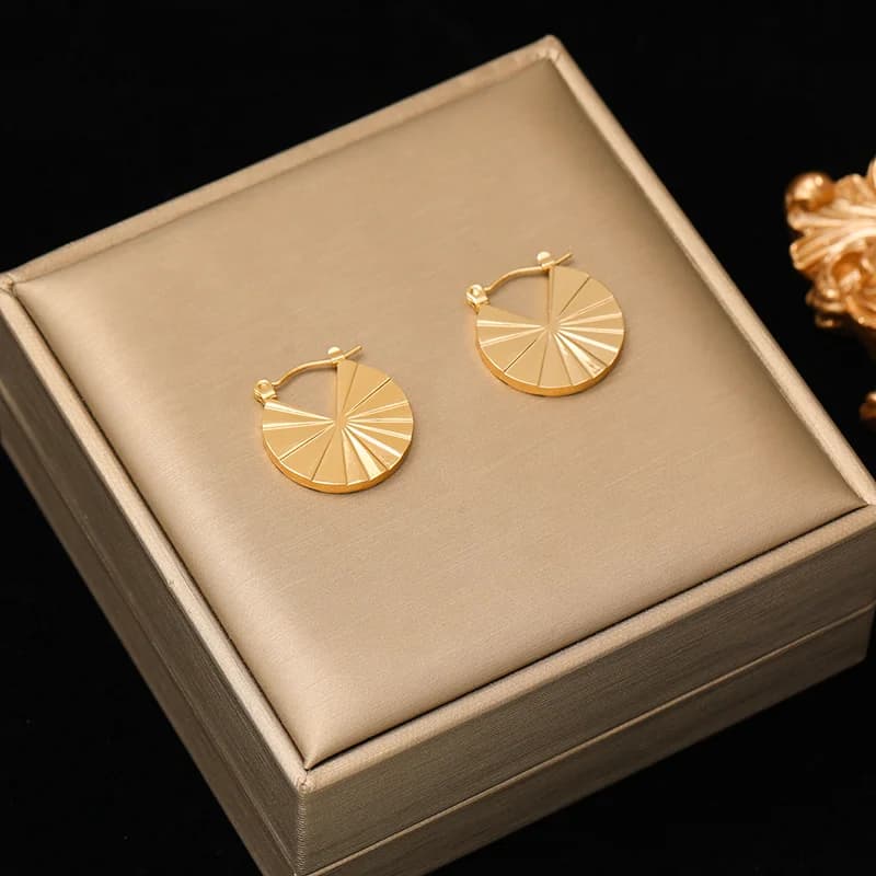 Pleated Surface Hoop Earrings, Gold Stainless Steel