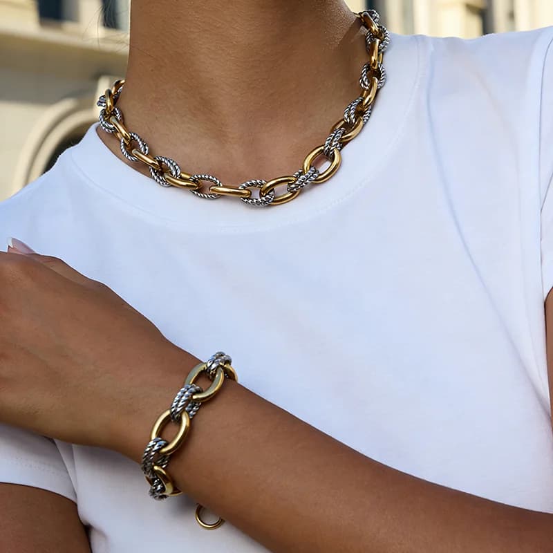 316L Stainless Steel Two-Tone Oval Necklace Bracelet Set