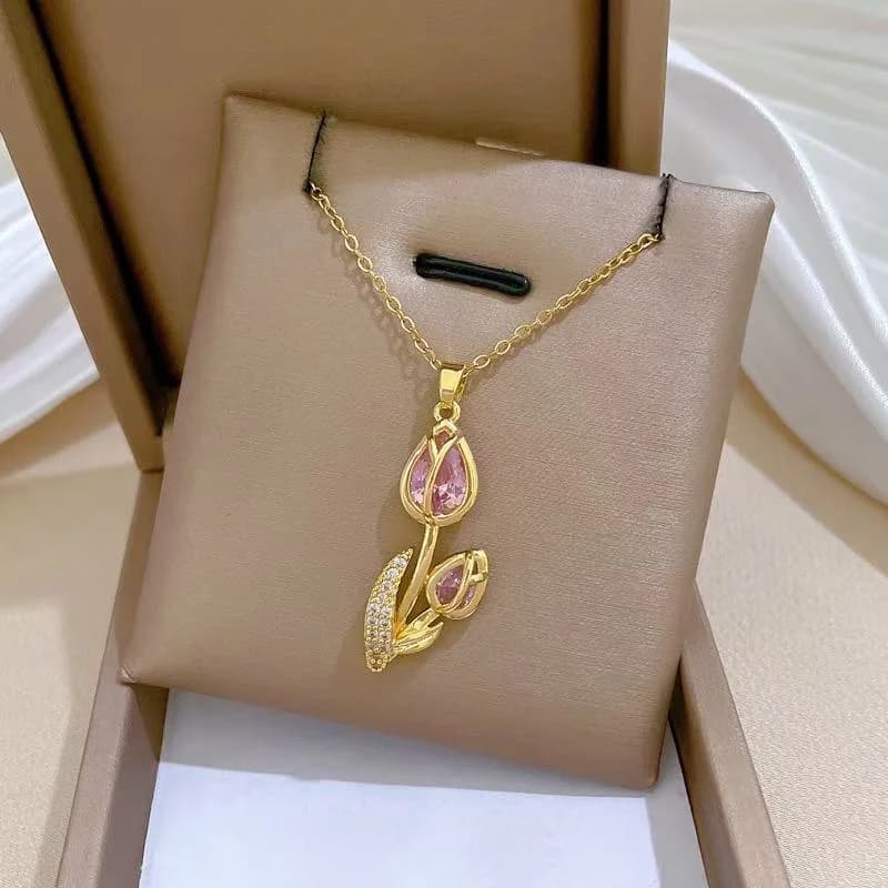 316L Stainless Steel Zircon Leaf Pendant Necklace