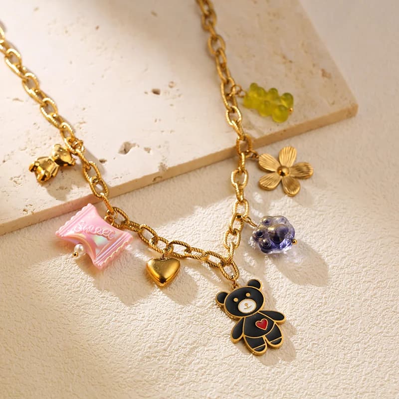 Multiple Charms Pendant Necklace, 18K Gold PVD