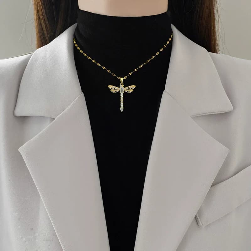 316L Stainless Steel Cubic Zircon Dragonfly Pendant Necklace