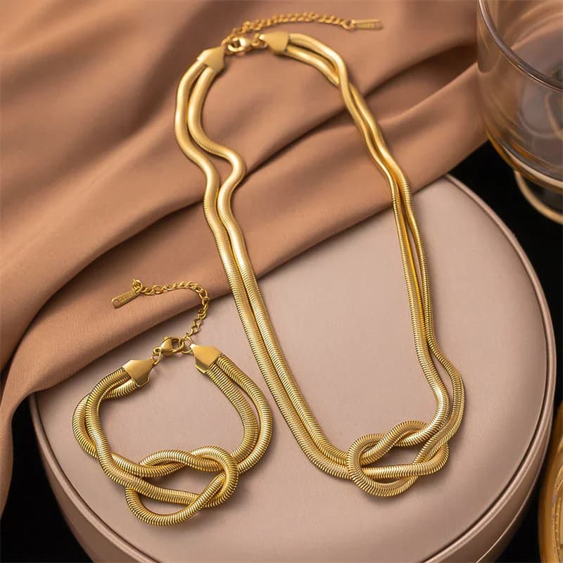 Gold Color Knotting Chain Necklace and Bracelet Set
