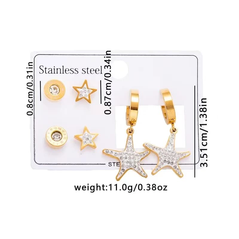 3-Pair Five-Pointed Star Zircon Stud Earring Set