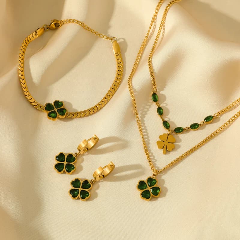Green Clover Zircon Necklace, Bracelet, and Earrings Set