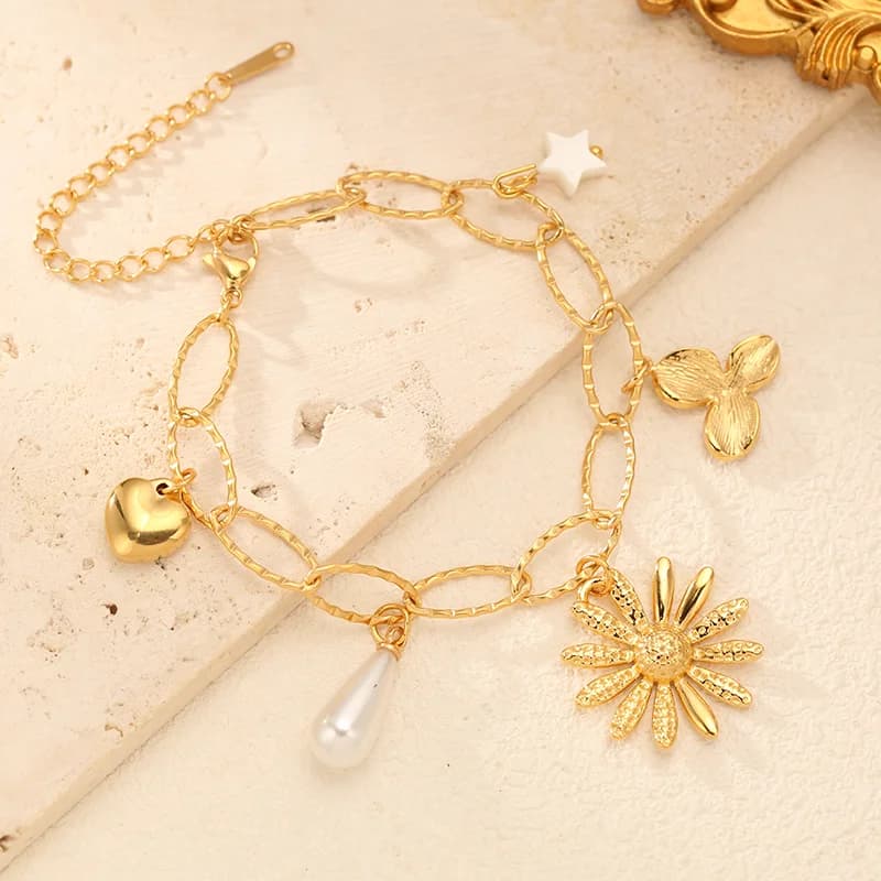 Flower Pearl Charm Herringbone Bracelet, 18K Gold