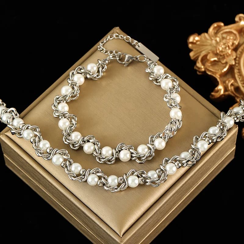 Pearl Chain Necklace and Bracelet Set, Silver