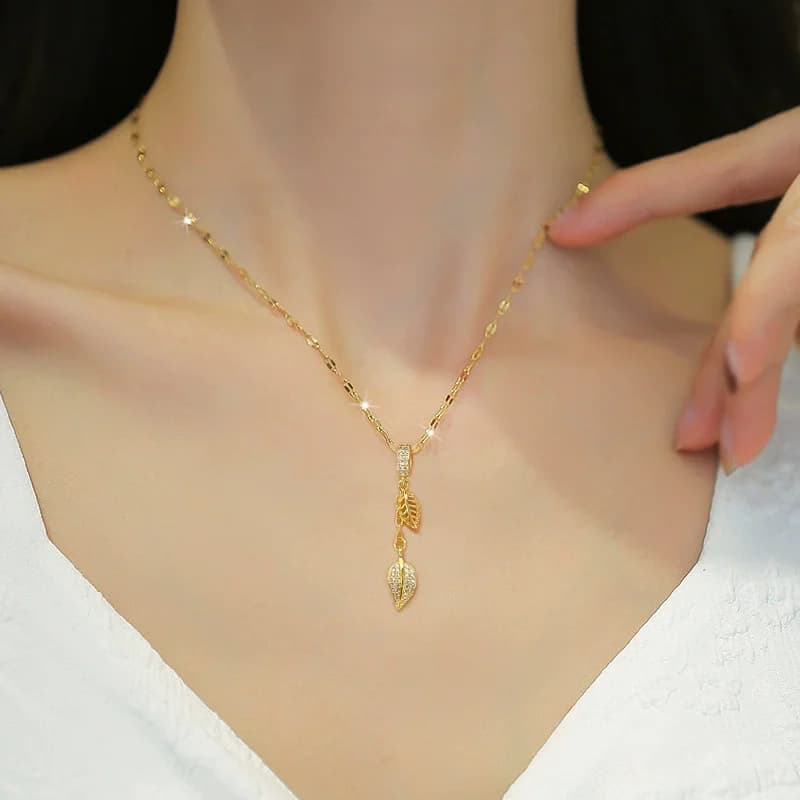 316L Stainless Steel Zircon Leaf Pendant Necklace