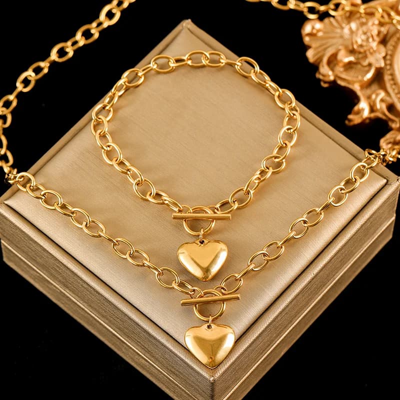 Gold Color Heart Love Necklace and Bracelet Set