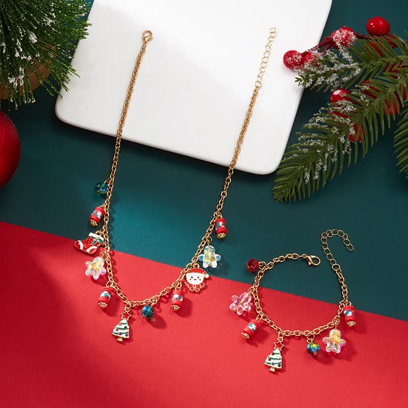 Christmas Tree and Snowman Necklace and Bracelet Set