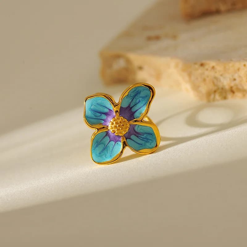 Adjustable Flower Heart Open Ring, Stainless Steel