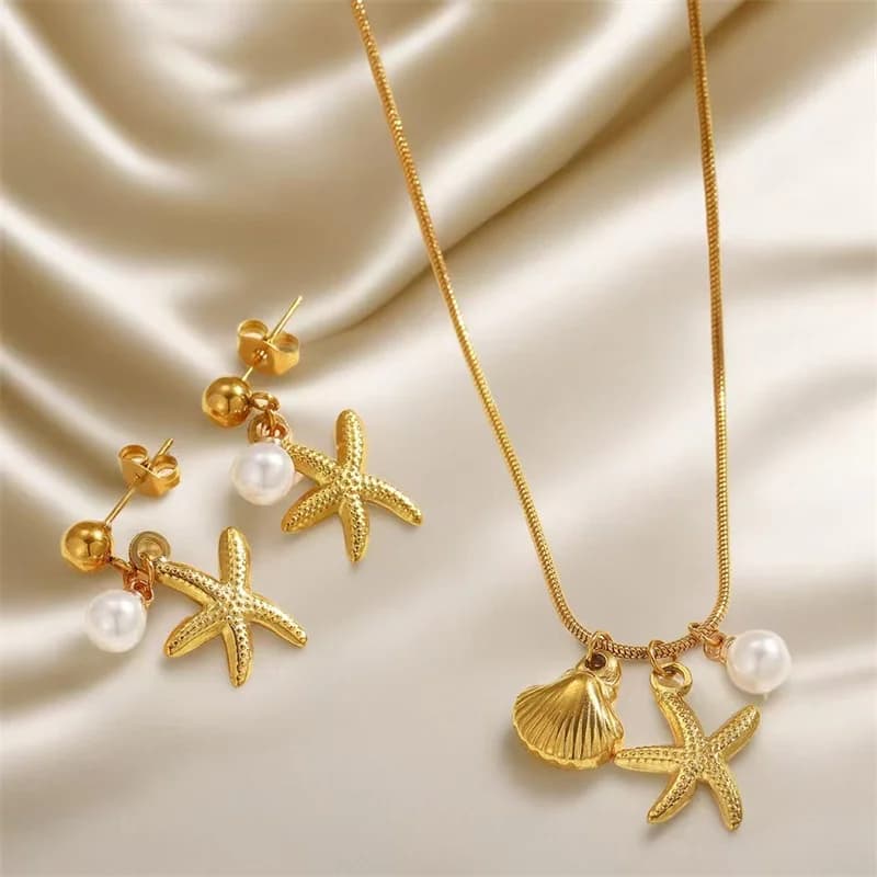 Starfish Pearl Shell Necklace and Earrings Set