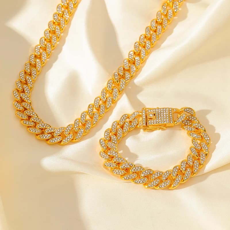 316L Stainless Steel Gold Plated Cubic Zirconia Chain Necklace and Bracelet Set